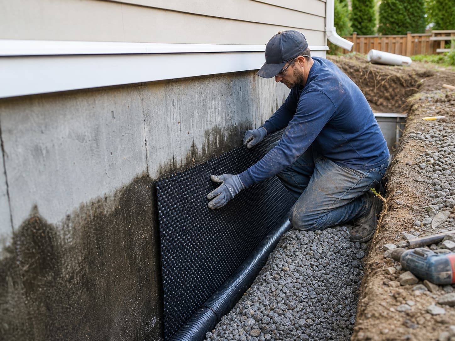 A waterproofing professional inspecting a finished basement wall