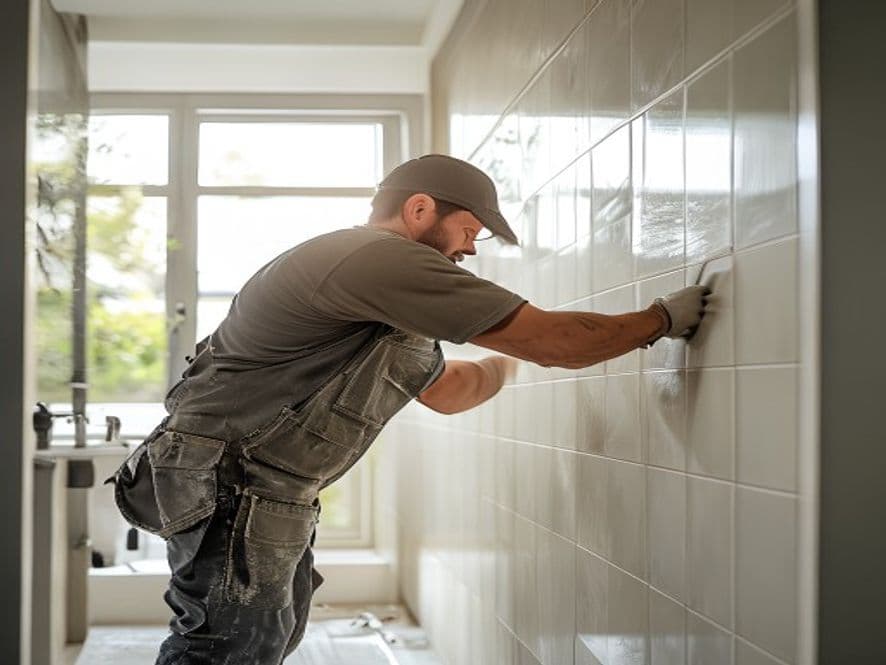 A remodeler installing tile in a modern bathroom