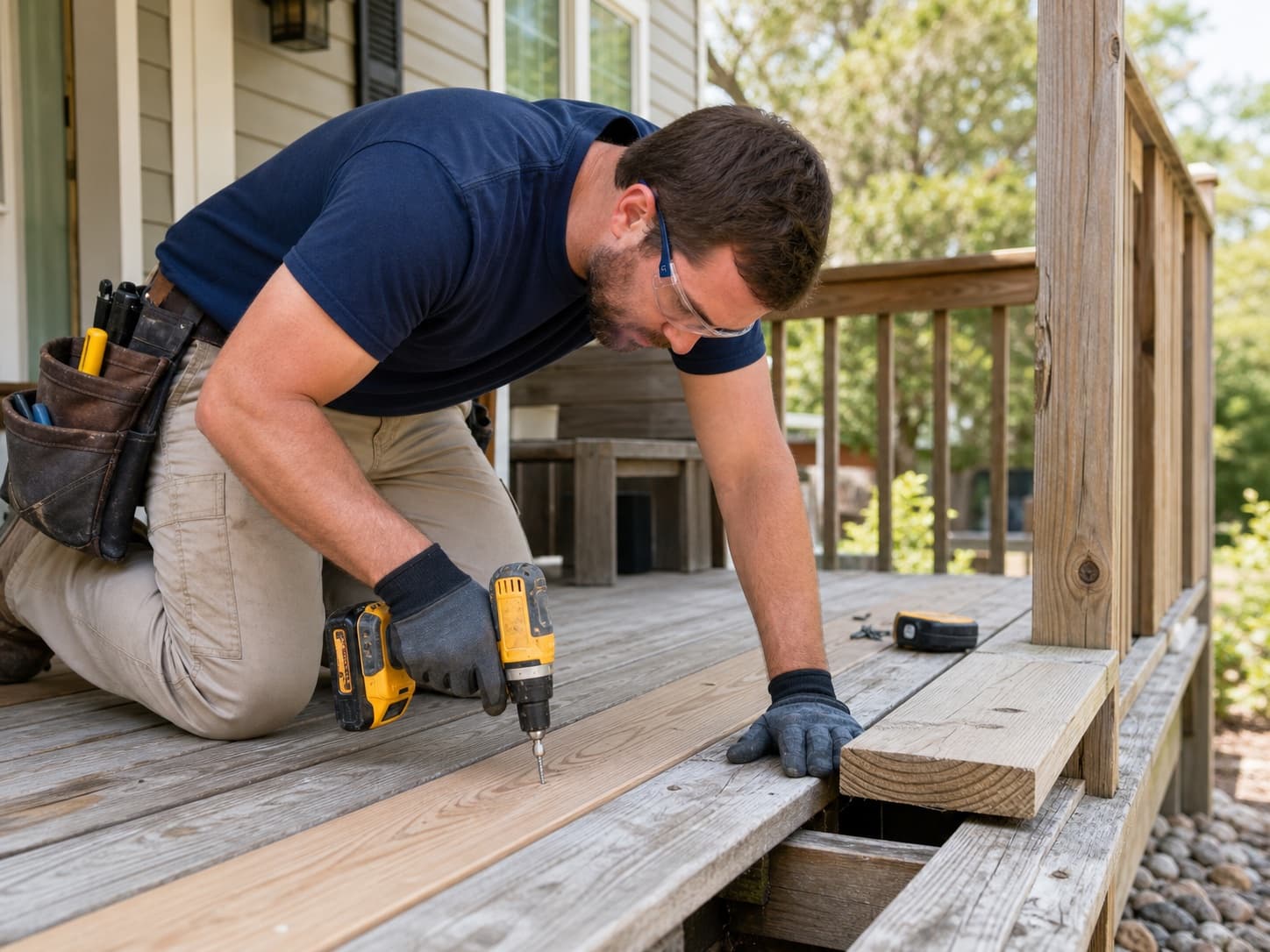 A carpenter repairing boards on a residential wood deck