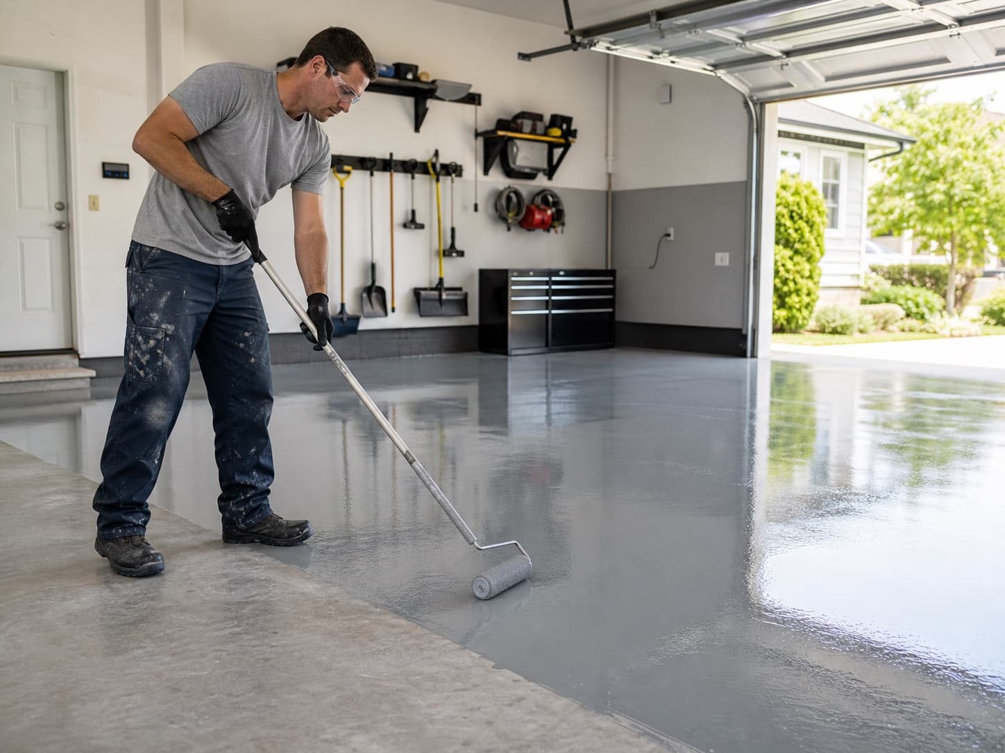A professional applying a glossy epoxy coating to a garage floor