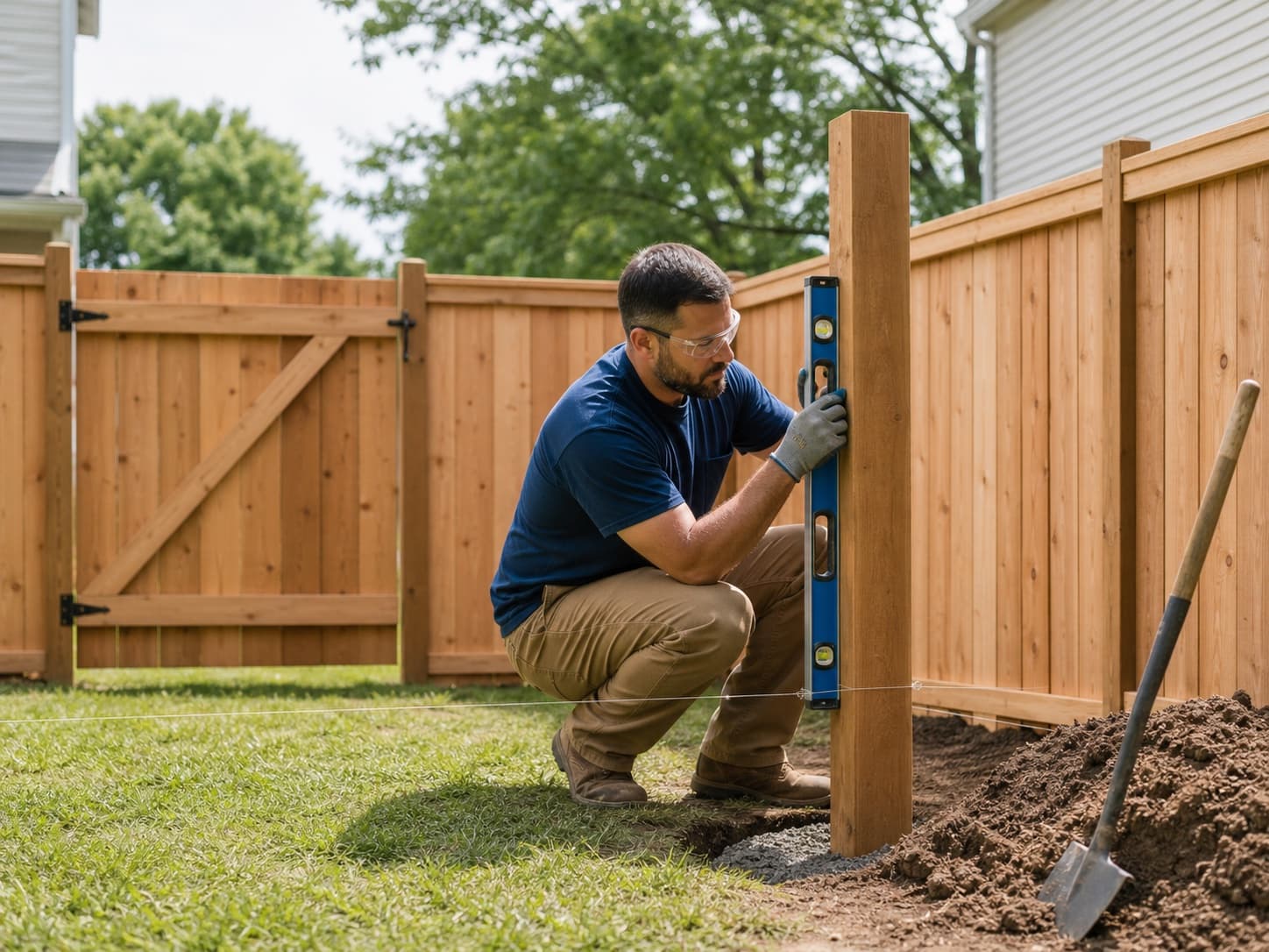 A new wood privacy fence being installed around a backyard
