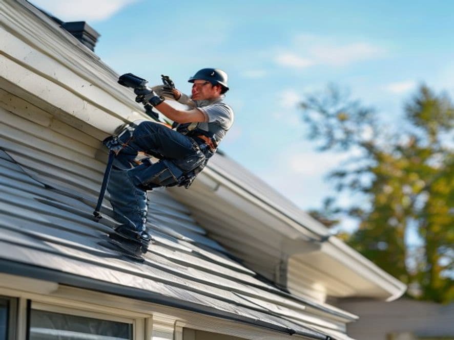 An installer mounting seamless gutters along a roofline