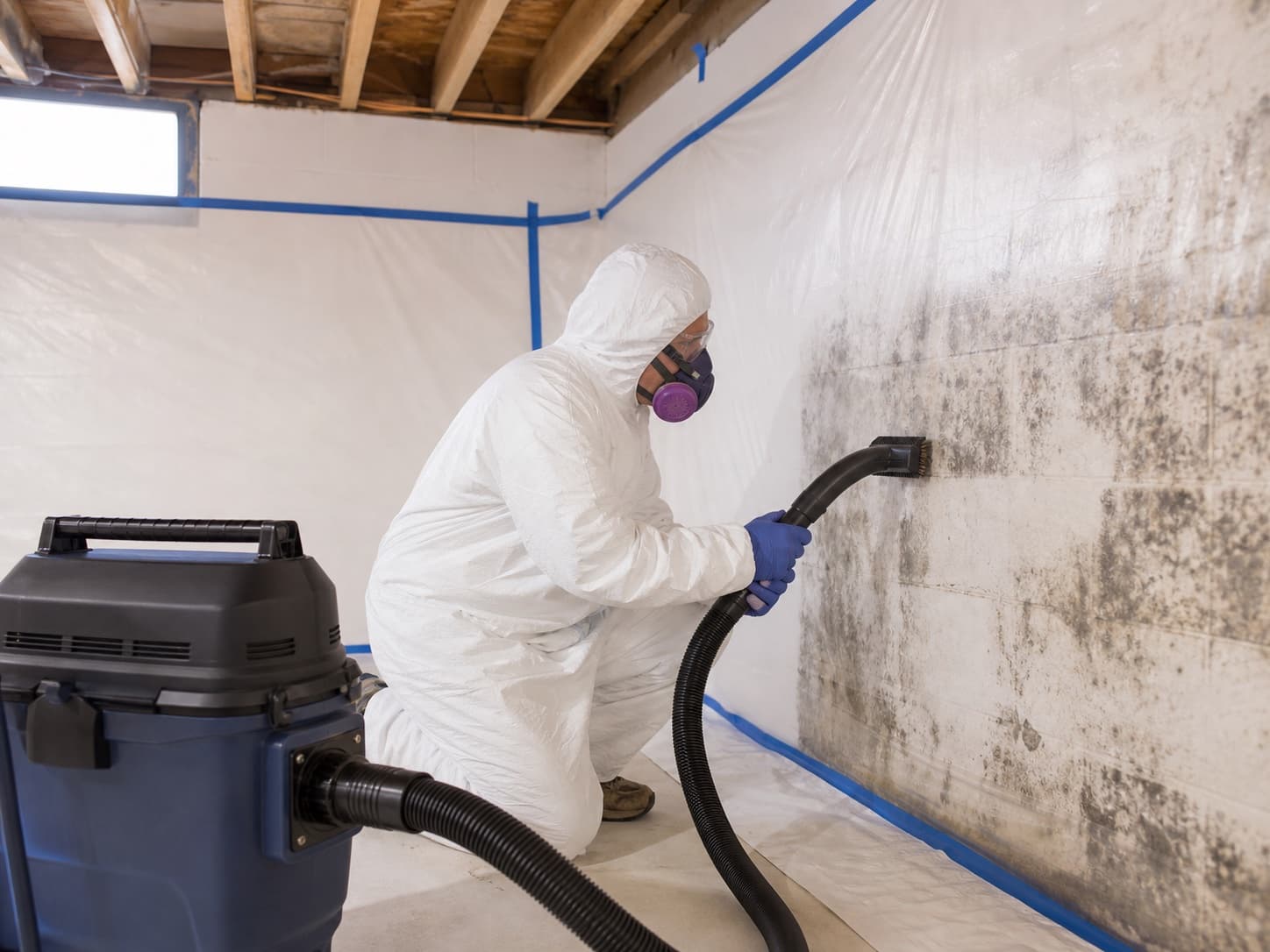 A remediation professional wearing protective gear during a home inspection