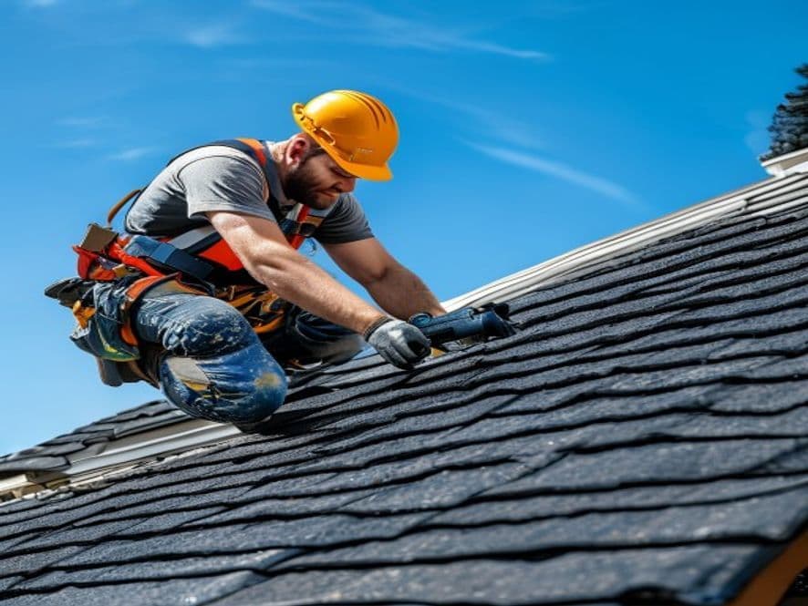 Roofers installing new asphalt shingles on a home