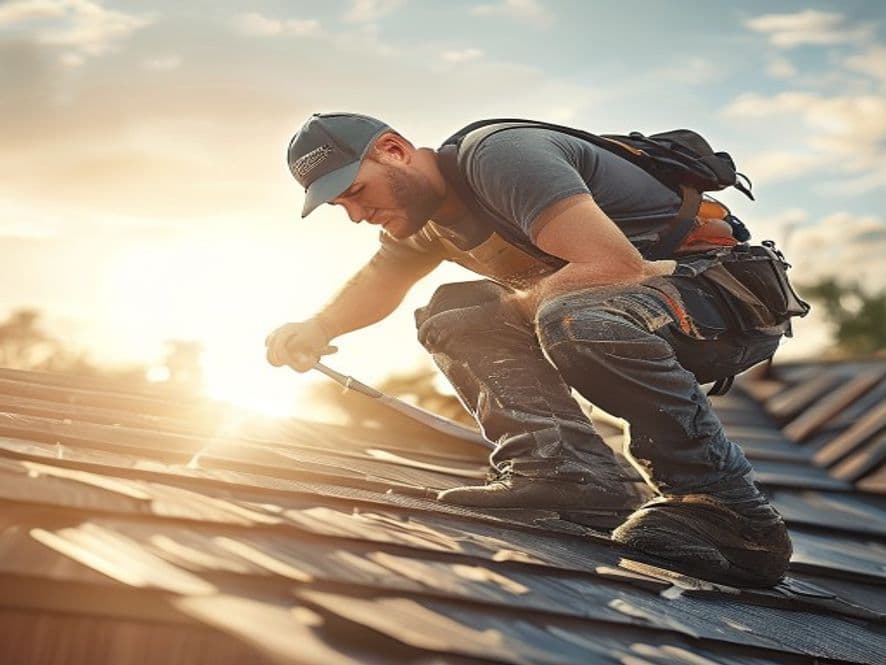 A roofer repairing damaged shingles on a residential roof