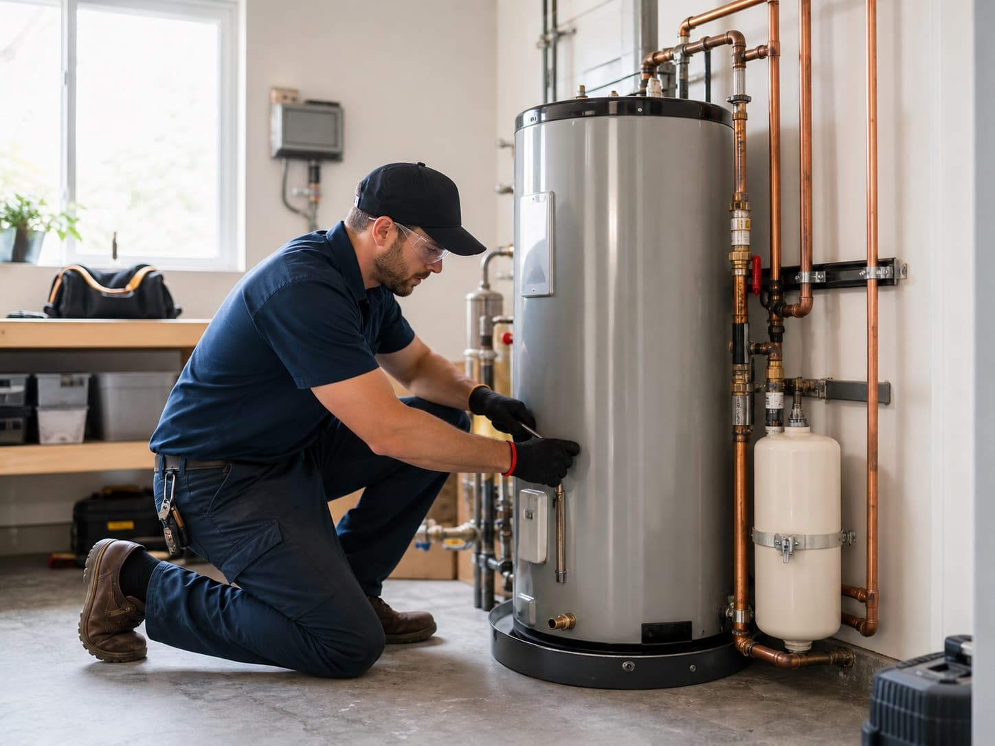 A plumbing professional installing a residential water heater