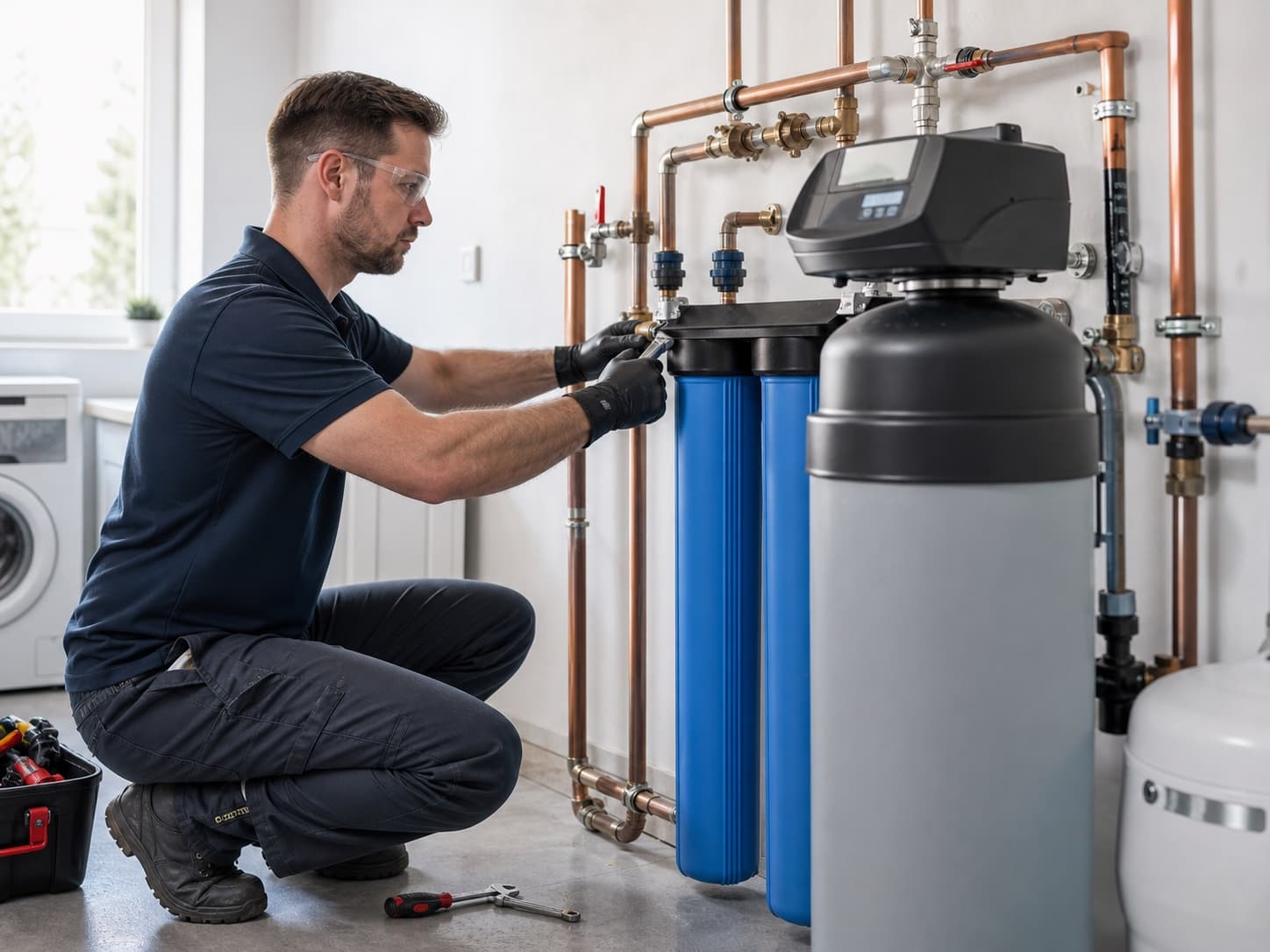 A professional installing a whole-home water filtration system
