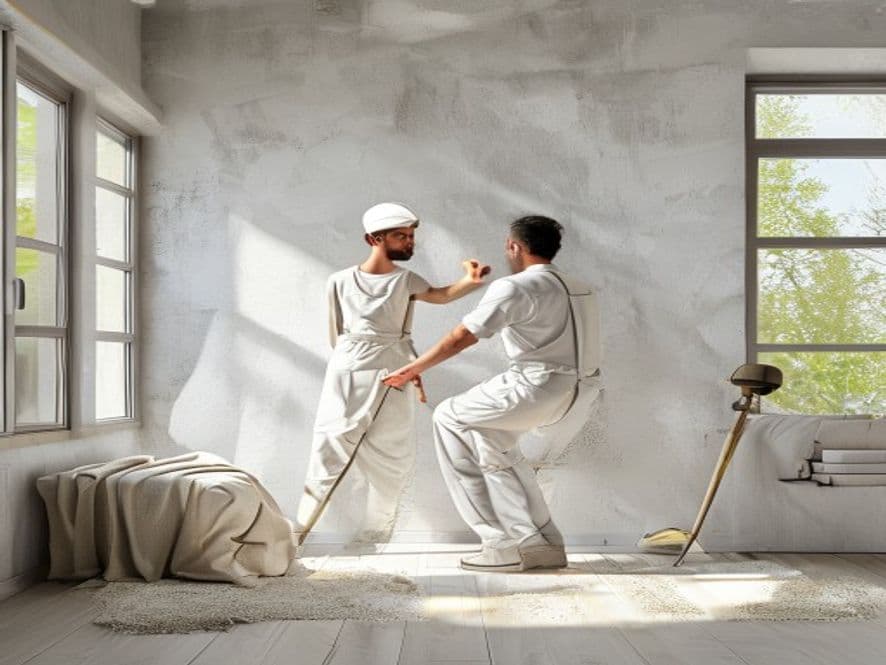 A professional painter rolling fresh paint on an interior wall